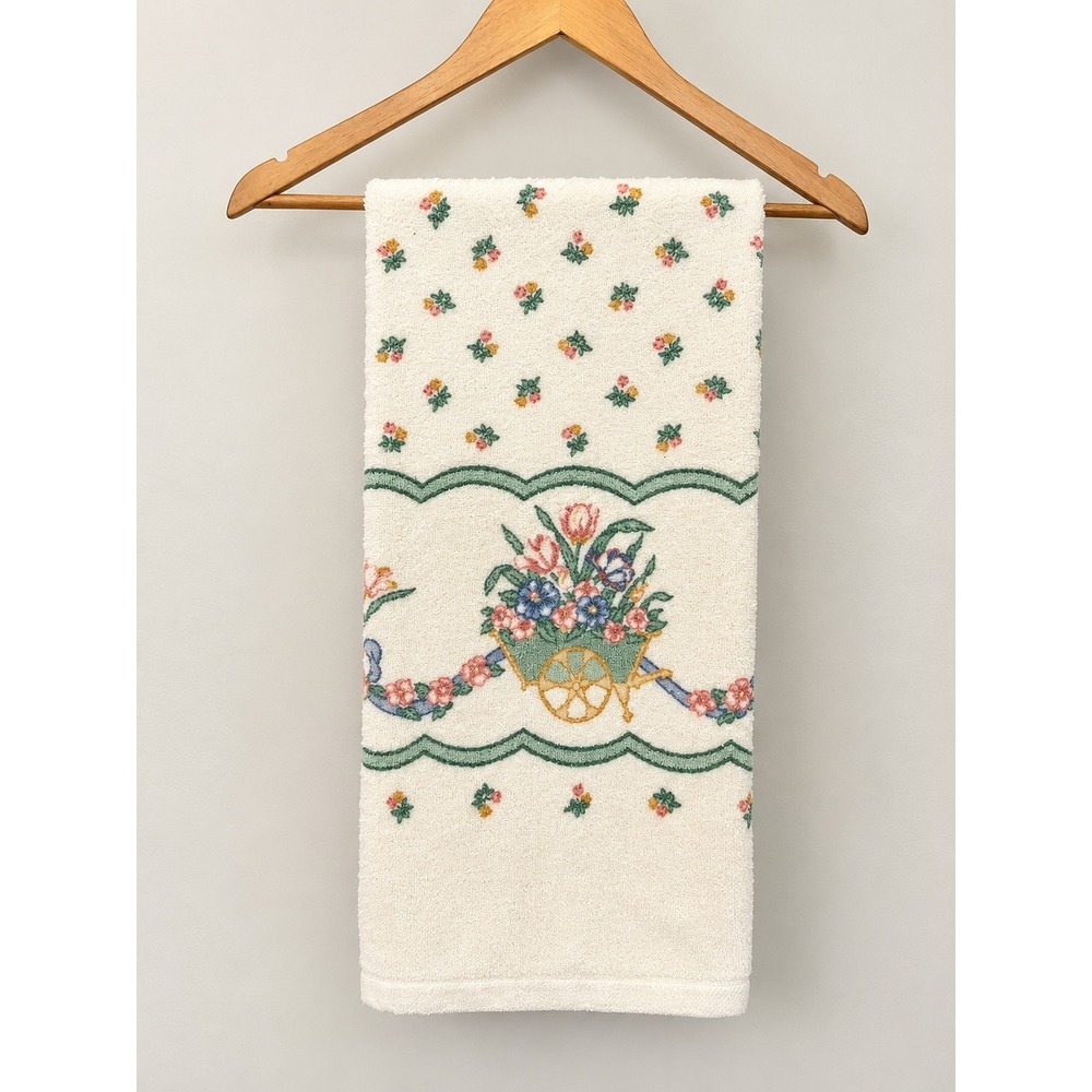 Vintage Floral Wheelbarrow Bath Towel Cottagecore Flower Cart Made in USA